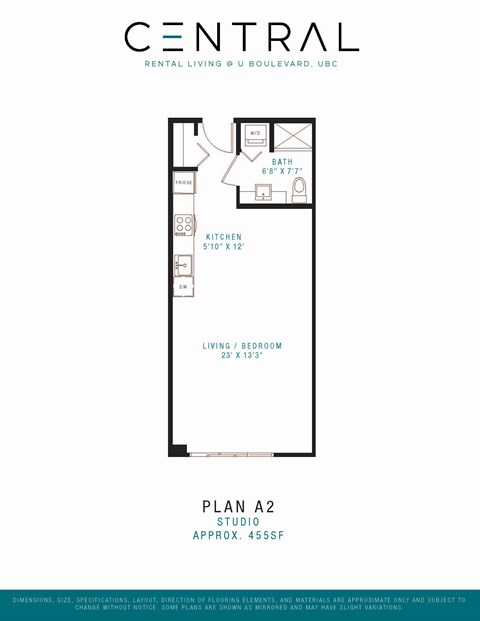 Floor plan for studio, 1 bath, 455 sqft